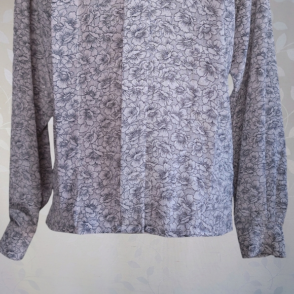 Vintage 60s 70s Pilgrim Collar Pleated Floral Print Blouse Jaeger Taupe - Picture 8 of 12